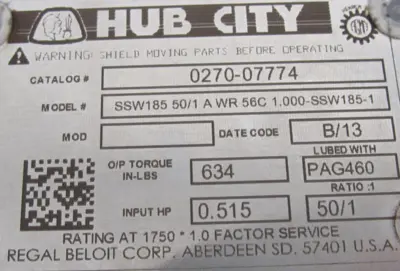 NEW HUB CITY 0270-07774 WORM GEAR DRIVE 50:1 027007774