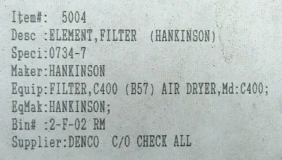 NEW HANKINSON 0734-7 FILTER ELEMENT 5004 07347