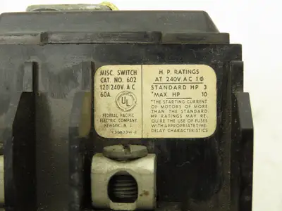 Federal Pacific 602 Pullout Disconnect Switch Fuse Block 2-Pole 60A 120/240V (3)