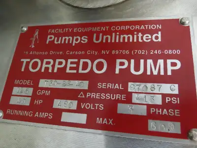 In-Line Multi-Stage Stainless Turbine Torpedo Pump 3" Inlet 40Hp 125GPM 15' Pipe