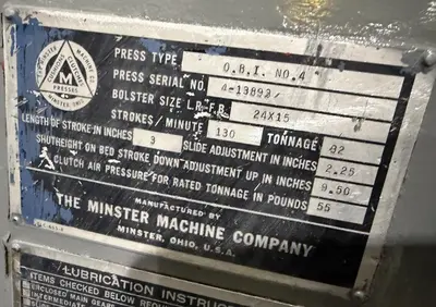 Used MINSTER 4 O.B.I. Presses New Jersey US | Wenco Machinery #1295649
