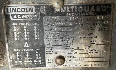 USED LINCOLN 75 HP, 1,175 RPM MOTOR