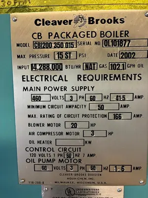 USED 2002 CLEAVER BROOKS CBI200-350-015