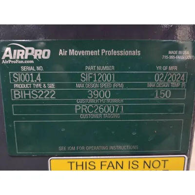 Used AIRPRO FAN & BLOWER COMPANY BIHS222 Centrifugal Fans West Virginia US | JM Industrial #1323294