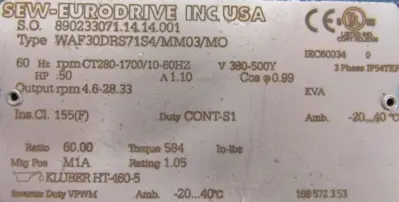 NEW SEW EURODRIVE WAF30DRS71S4/MM03/MO GEAR MOTOR 60:1