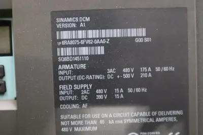 Siemens 6RA8075-6FV62-0AA0-Z G00 S01 DRIVE ARMATURE INPUT 50-480VAC - STK 5122CC