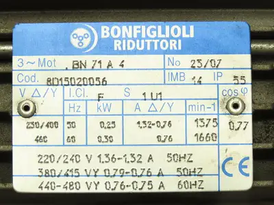 Bonfiglioli BN71A4 Gearmotor .3kW 230/460V 3PH 20:1 Reducer 83 RPM Gearbox B3