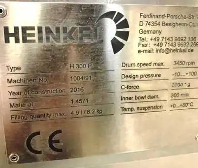 Heinkel H 300 P sanitary pilot peeler centrifuge, 316SS.