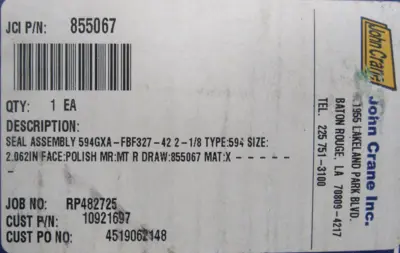 NEW JOHN CRANE 855067 SEAL ASSEMBLY 594GXA-FBF327-42 2-1/8 TYPE 594