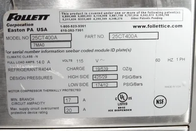 FOLLET 400 LBS AIR COOLED ICE MAKER/WATER DISPENSER (CHEWABLE ICE) MODEL 25CT400A