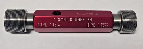1-3/16 18 UNEF 2B THREAD PLUG GAGE GO NO GO P.D. 1.1514 & 1.1577 ACCU-GAGE