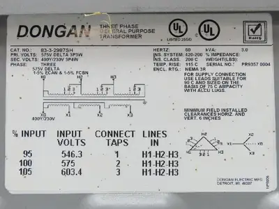 Dongan 83-3-2987SH Stepdown Power Transformer 3kva 3Ph HV 575D LV 400Y/230V