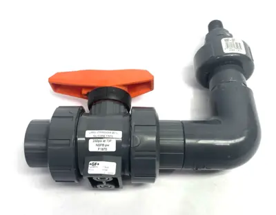 USED GEORG FISCHER TYP 546 PRO BALL VALVE PVC-U, 1" SOCKET ENDS, TO RT ANGLE ADAPTER