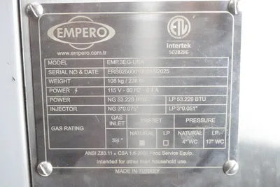 NEW EMPERO 3 ROLLER VERTICAL NATURAL GAS ROTISSERIE MODEL EMP.3EG-USA (CAPACITY OF 18 CHICKENS)
