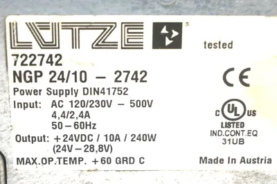 NEW LUTZE 722742 POWER SUPPLY NGP 24/10-2742