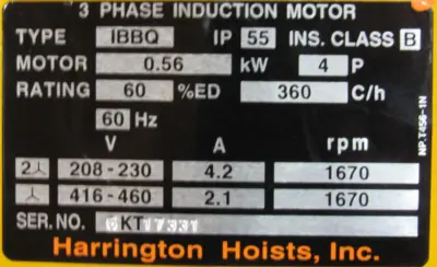 NEW HARRINGTON NER005L HOIST 1/2 TON 208-230/460V 15FT