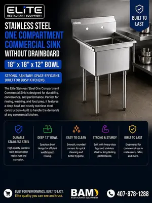 Elite Stainless Steel One Compartment Commercial Sink without Drainboard