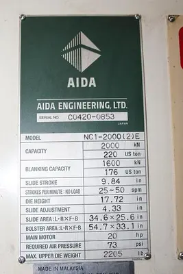 USED 2012 AIDA NC1-2000(2)E