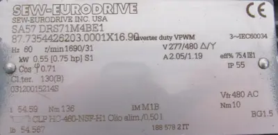 NEW SEW EURODRIVE SA57 DRS71M4BE1 GEARMOTOR 277/480V 54.59 SA57DRS71M4BE1