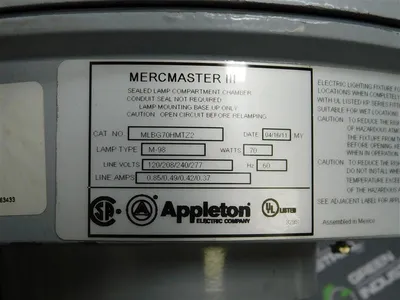 Appleton MLSH704G1NMTFTZ2UP 70W Metal Halide Light Fixture KPS125 25 Degree Used