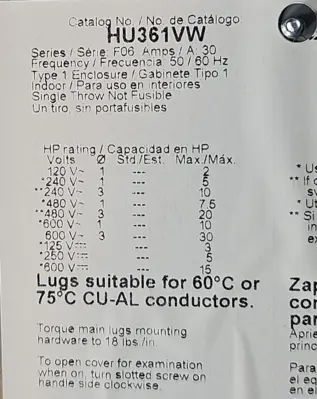 Square D HU361VW Safety Switch 30AMP 600V Ser F06. loc4F30