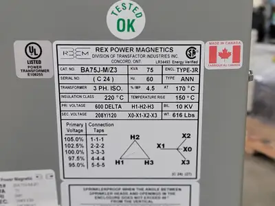 New | in-Stock REX POWER MAGNETICS BA75J-M/Z3 Transformers British Columbia CA | Lenmark #265542