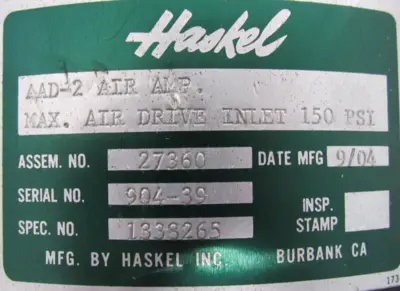 USED HASKEL AAD2 AIR AMPLIFIER 27360 AAD-2