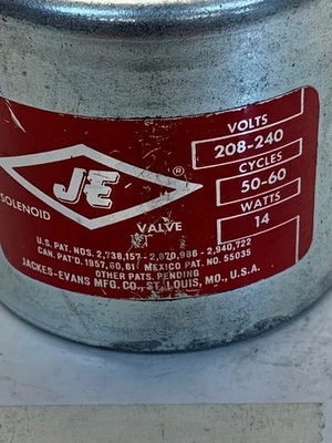 JE Solenoid Valve 208-240 Volts 50-60 Cycles 14 Watts Fast Shipping!