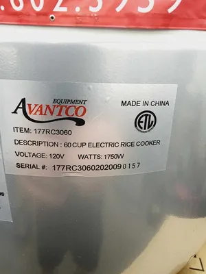 Avantco RCSA60 60 Cup, Sealed Electric Rice Cooker / Warmer 120V NEW