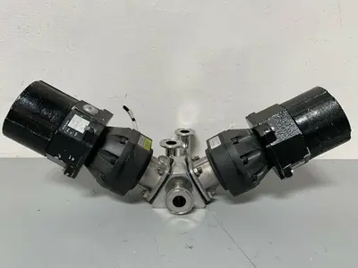 USED 2 ITT SHEROTEC 3-WAY STAINLESS STEEL VALVE W/ POSITION MONITORS & 2" FITTINGS