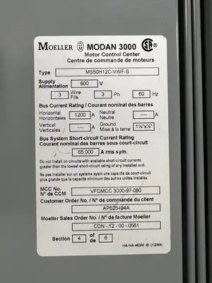 Modan 3000 VFD MCC, 600V, 3-Ph, 1200A, 6 Sections
