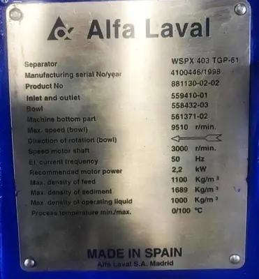 (2) Alfa-Laval WSPX 403 TGP-61 concentrators, 316SS.