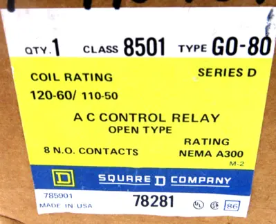 NEW SQUARE D 8501G080 CONTROL RELAY SERIES D 120-60 / 110/50