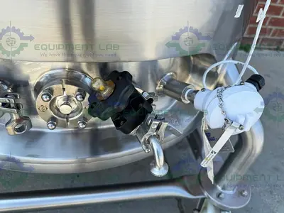 USED ALLEGHENY 400 LITER STAINLESS STEEL JACKETED REACTOR 45 PSI W/ 5 HP TOP MIXER