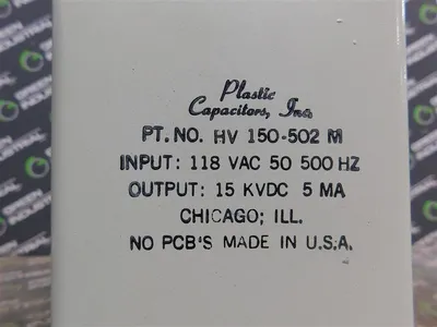 Plastic Capacitors, Inc. HV 150-502 M Capacitor 15KVDC 5MA Output Used