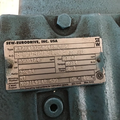 Sew-Eurodrive R87DV132S8/4BMG8HR Gear Drive Speed Reducer Ratio: 36.84:1