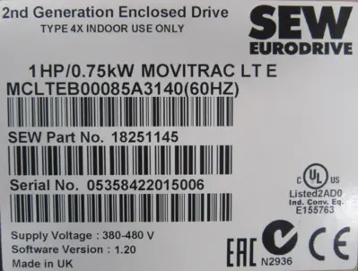 NEW SEW EURODRIVE 18251145 DRIVE 1HP MCLTEB00085A3140