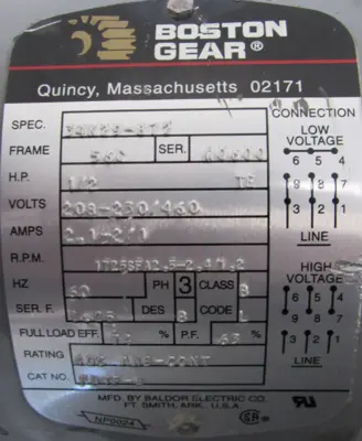 USED BOSTON GEAR 34K29-872 MOTOR 1/2HP 208-230/460V 34K29872