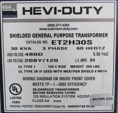 NEW SOLA ET2H30S TRANSFORMER 30 KVA 3Ø 60HZ