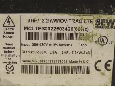 SEW Eurodrive MCLTEB0022503420 Movitrac LTE Drive 2.2KW 3HP 5.8A 3PH 0-500V
