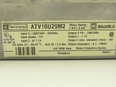 ATV16U29M2 Altivar 16 VFD 1/3PH In 3PH 7.1A Out 2HP 208/240VAC 0.1-200Hz