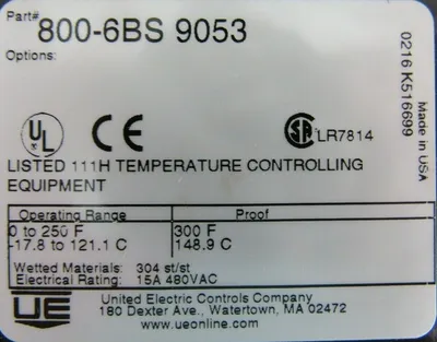 NEW UNITED ELECTRIC 800-6BS-9053 TEMP CONTROL 0-250F 8006BS9053