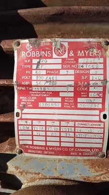 USED ROBBINS MEYERS 20 HP ELECTRIC MOTOR