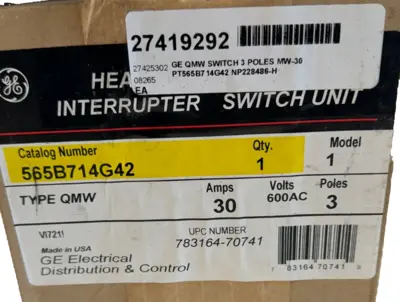 NEW GENERAL ELECTRIC 565B714G42 DISCONNECT SWITCH UNIT 30A 600V 3POLE