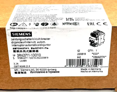 NEW SIEMENS 3RV2711-1DD10 CIRCUIT BREAKER 3RV27111DD10
