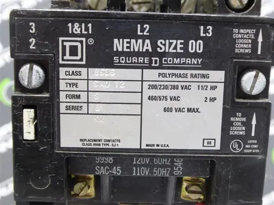 Square D 8536 SA0 12 Size 00 Motor Starter 1-1/2 or 2 HP 120V Coil Used
