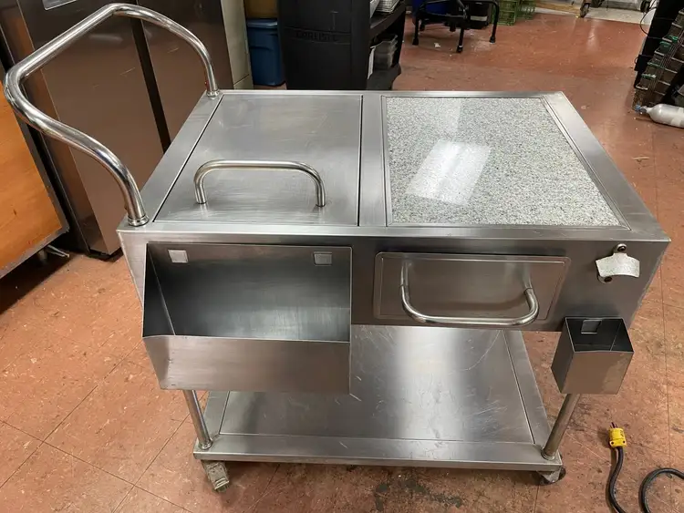 Used Falcon Restaurant Supply Used Stainless Steel Drink Serving Cart with Ice Bin, Drain and Caster Wheels Underbar Equipment Illinois US | Falcon Restaurant Supply #1376177