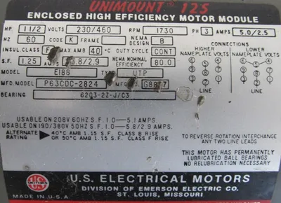 USED US MOTORS P63CDC-2824 MOTOR 1-1/2HP 230/460V 1730RPM EI88 RATIO 31.39
