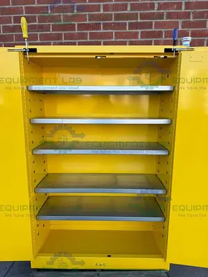 USED JUSTRITE 45 GALLON FLAMMABLE LIQUID STORAGE CABINET W/ SOFT CLOSE DOORS, KEY