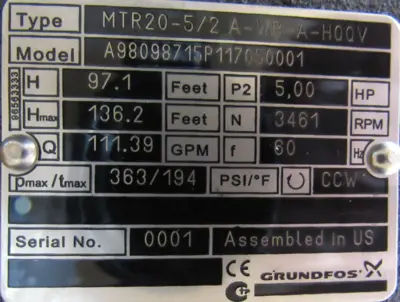NEW GRUNDFOS 98098715 MULTI STAGE PUMP 5HP MTR20-5/2 A-WB-A-HQQV